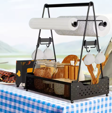 BBQ Utensil Caddy W/ Paper Towel Holder Picnic Grill Condiment Caddy BBQ Accessories Storage Organizer for Camping BBQ Kitchen