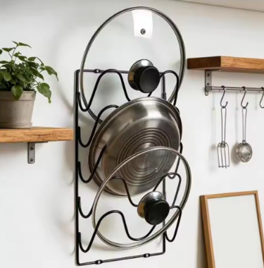 Multi-Layer Pot Lid Storage Rack Wall Hanging Iron Pan Cover Storage Holder Rustproof Space Saving Kitchen Storage Rack Cabinet (Black - 5 Layers)
