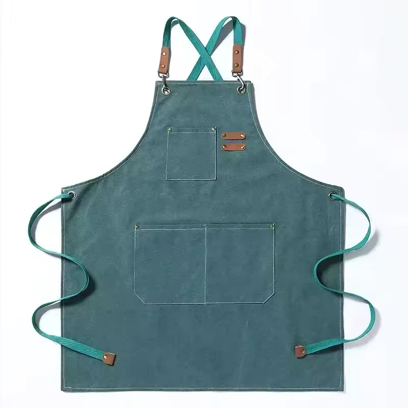 New Fashion Canvas Kitchen Aprons For Woman Men Chef Work Apron For Grill Restaurant Bar Shop Cafes Beauty Nails Studios Uniform (Green)