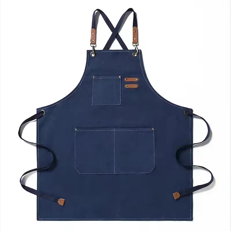 New Fashion Canvas Kitchen Aprons For Woman Men Chef Work Apron For Grill Restaurant Bar Shop Cafes Beauty Nails Studios Uniform (Blue)
