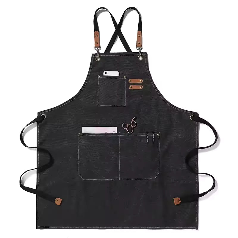 New Fashion Canvas Kitchen Aprons For Woman Men Chef Work Apron For Grill Restaurant Bar Shop Cafes Beauty Nails Studios Uniform (Black)