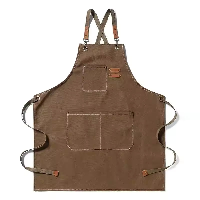 New Fashion Canvas Kitchen Aprons For Woman Men Chef Work Apron For Grill Restaurant Bar Shop Cafes Beauty Nails Studios Uniform (Brown)