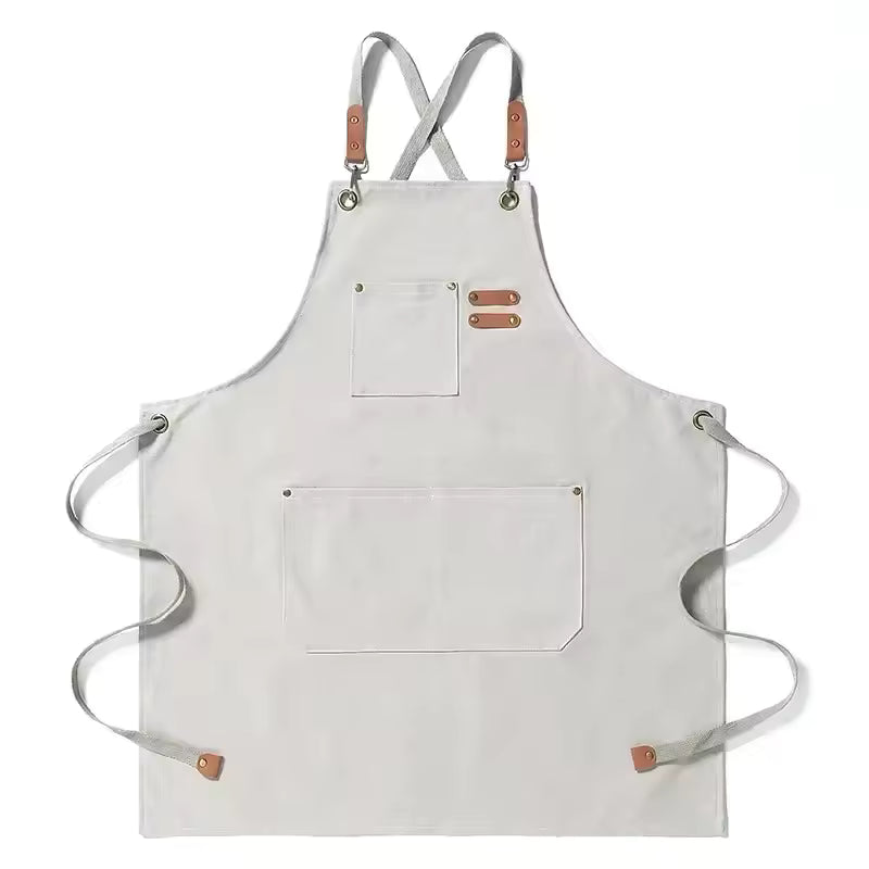 New Fashion Canvas Kitchen Aprons For Woman Men Chef Work Apron For Grill Restaurant Bar Shop Cafes Beauty Nails Studios Uniform (White)