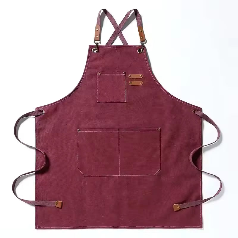 New Fashion Canvas Kitchen Aprons For Woman Men Chef Work Apron For Grill Restaurant Bar Shop Cafes Beauty Nails Studios Uniform (Burgundy)